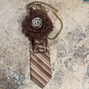 Brown Striped Neck Tie Necklace with Lace Flower & Rhinestones